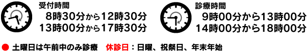 [受付時間] 8時30分から12時30分 13時00分から17時30分/[診療時間] 9時00分から13時00分 14時00分から18時00分/土曜日は午前中のみ診療 [休診日] 日曜、祝祭日、年末年始