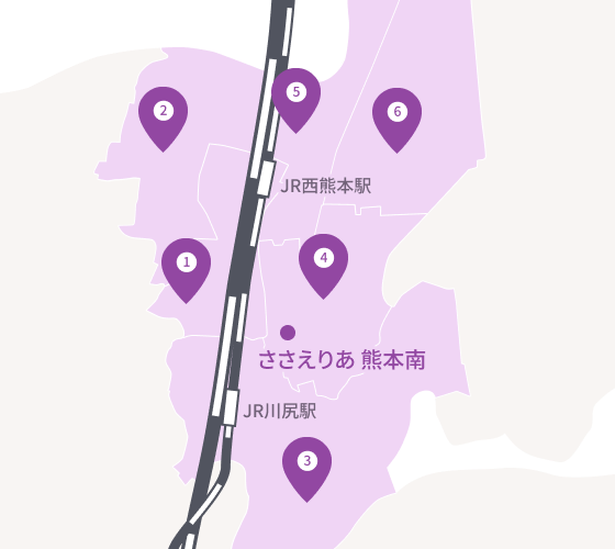 担当エリアマップ - ささえりあ 南熊本を中心に周囲の担当校区を示した地図